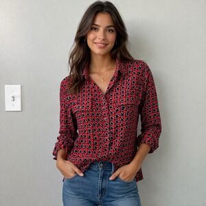 NWOT LOFT Red Navy Floral Button Down Shirt Women Large Roll Tab Sleeve